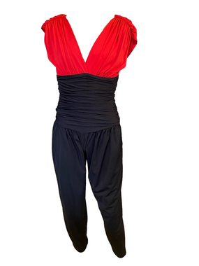 Jody of California vintage Red & Black Women's Jumpsuit Draped V-Neck Romper gb2
